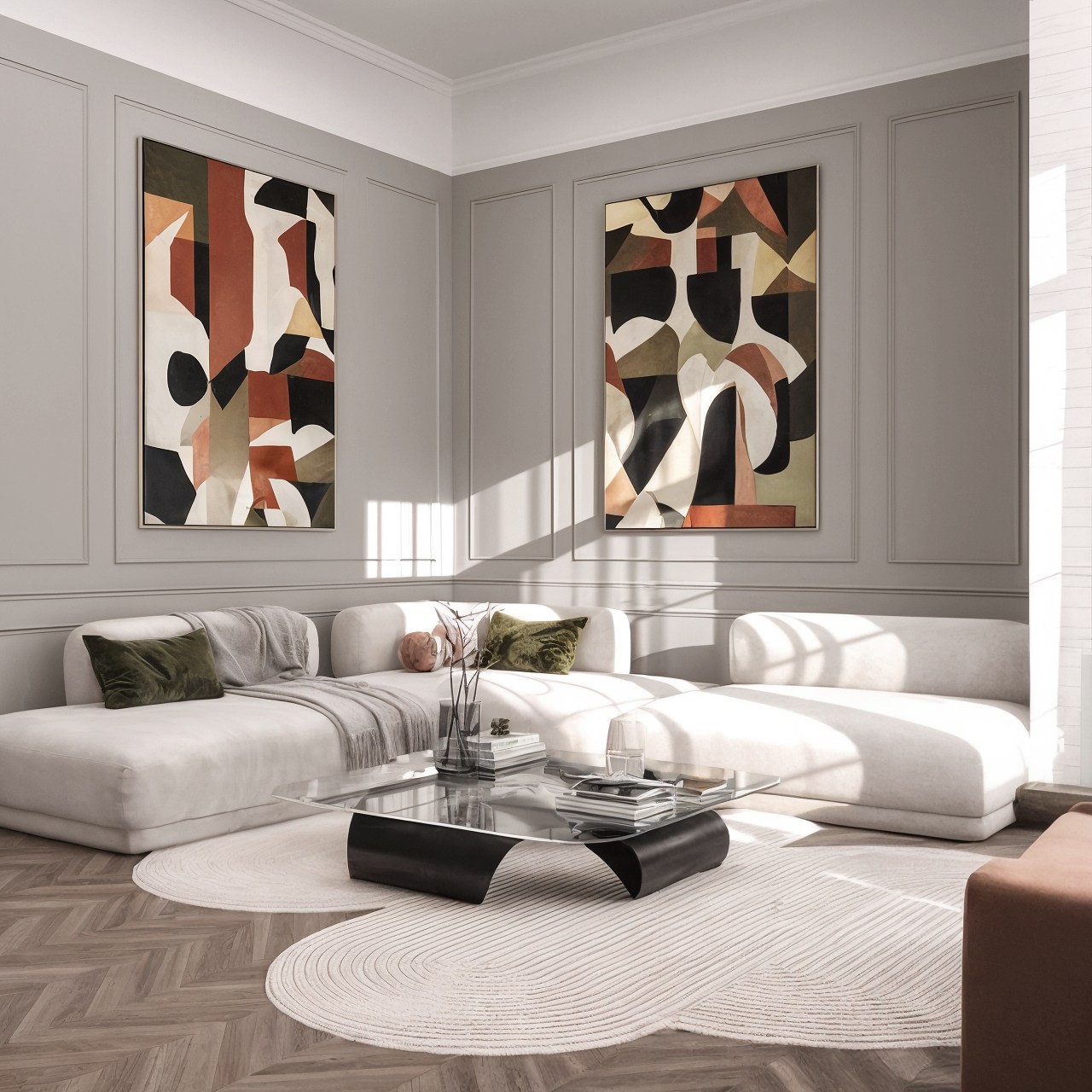 White sectional sofa beneath abstract artworks in a paneled living room.